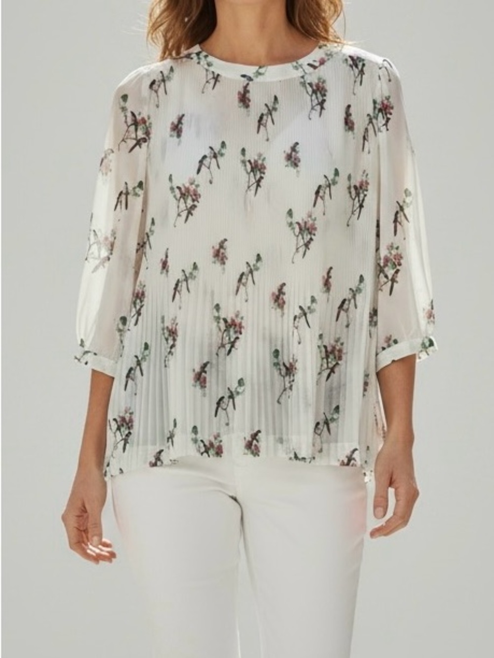 Ted Baker White Sheer Pleated Floral Blouse